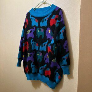 Vintage Lady Roi Women's Multicolor Elephant Pattern Long Sleeve Sweater MediumV